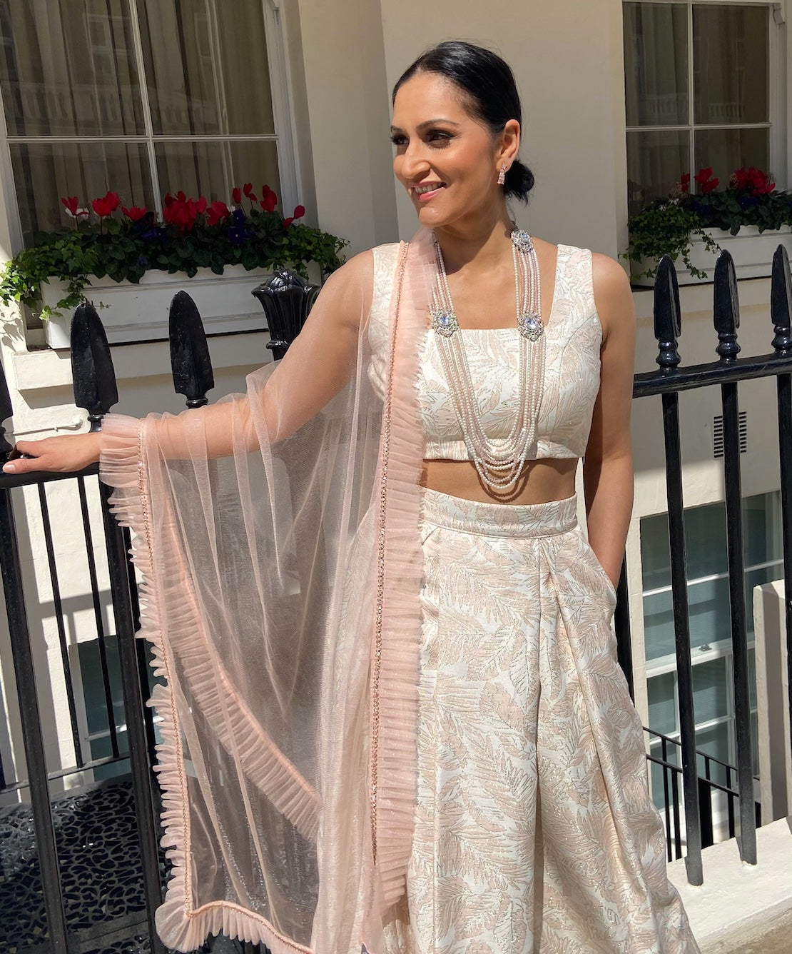 Pink and cream leaf brocade lehenga set