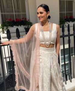 Pink and cream leaf brocade lehenga set