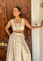 Pink and cream leaf brocade lehenga skirt